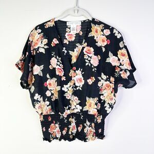 Planet Gold Top Women S Black Floral Smocked Waist V-Neck Bloomcore Cottage NWOT